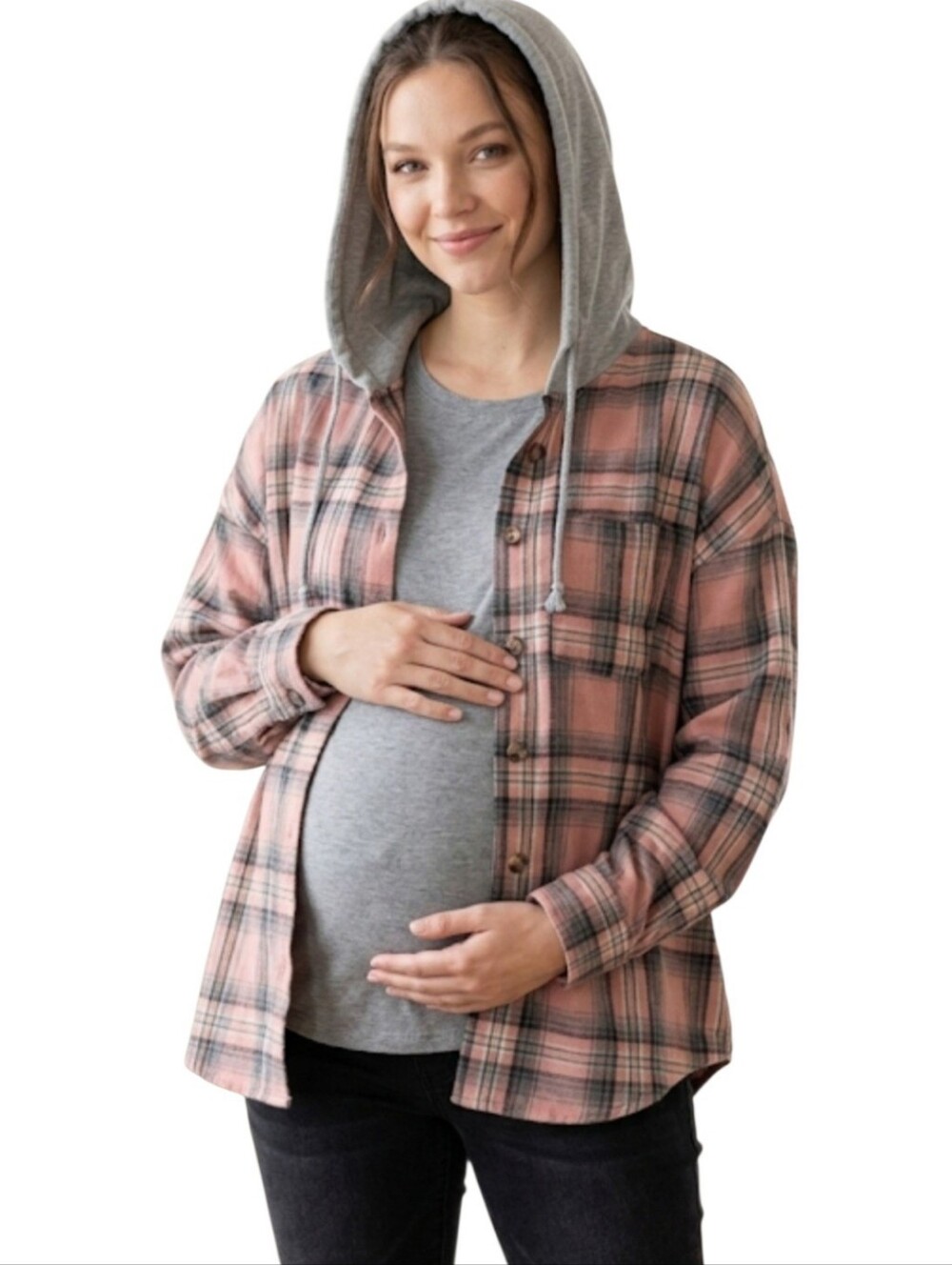 Indigo Poppy Maternity Dusty Pink Women's Flannel Hooded Shirt Shacket Size LG